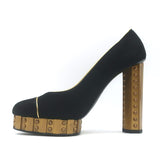 Chanel 13C Riveted-Platform Pumps Gold Leather-Trim Black Suede Size 37.5 US 6