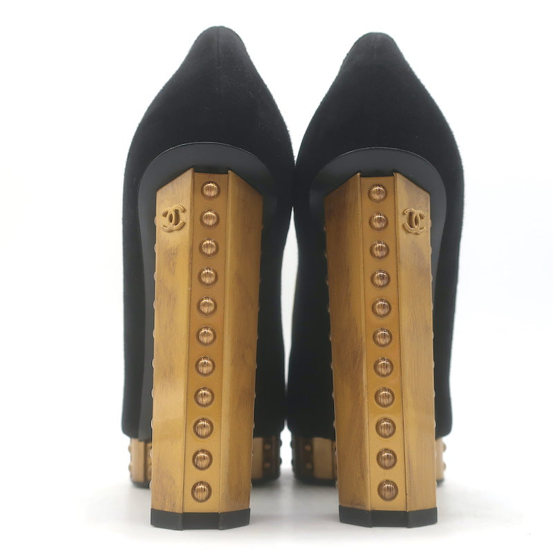 Chanel 13C Riveted-Platform Pumps Gold Leather-Trim Black Suede Size 37.5 US 6