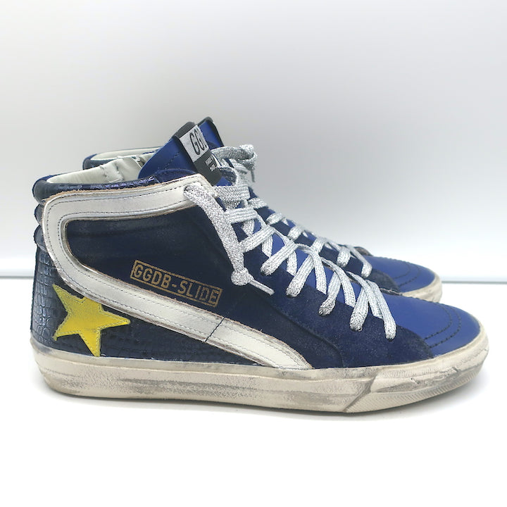 Golden Goose Slide High Top Sneakers Navy Suede &amp; Croc-Embossed Leather Size 38