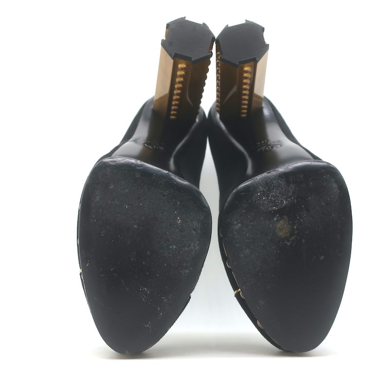 Chanel 13C Riveted-Platform Pumps Gold Leather-Trim Black Suede Size 37.5 US 6