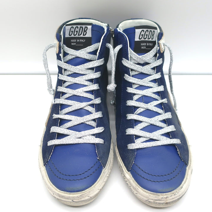 Golden Goose Slide High Top Sneakers Navy Suede &amp; Croc-Embossed Leather Size 38