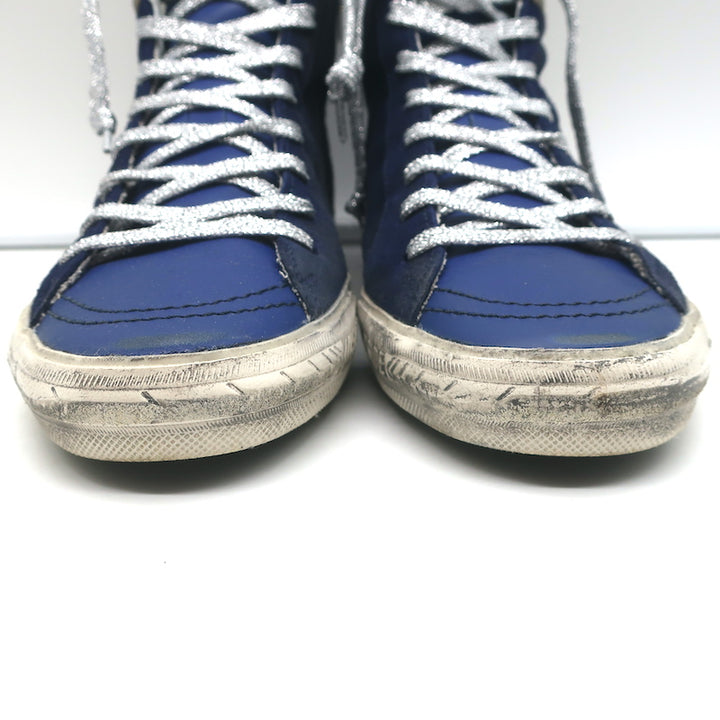 Golden Goose Slide High Top Sneakers Navy Suede &amp; Croc-Embossed Leather Size 38