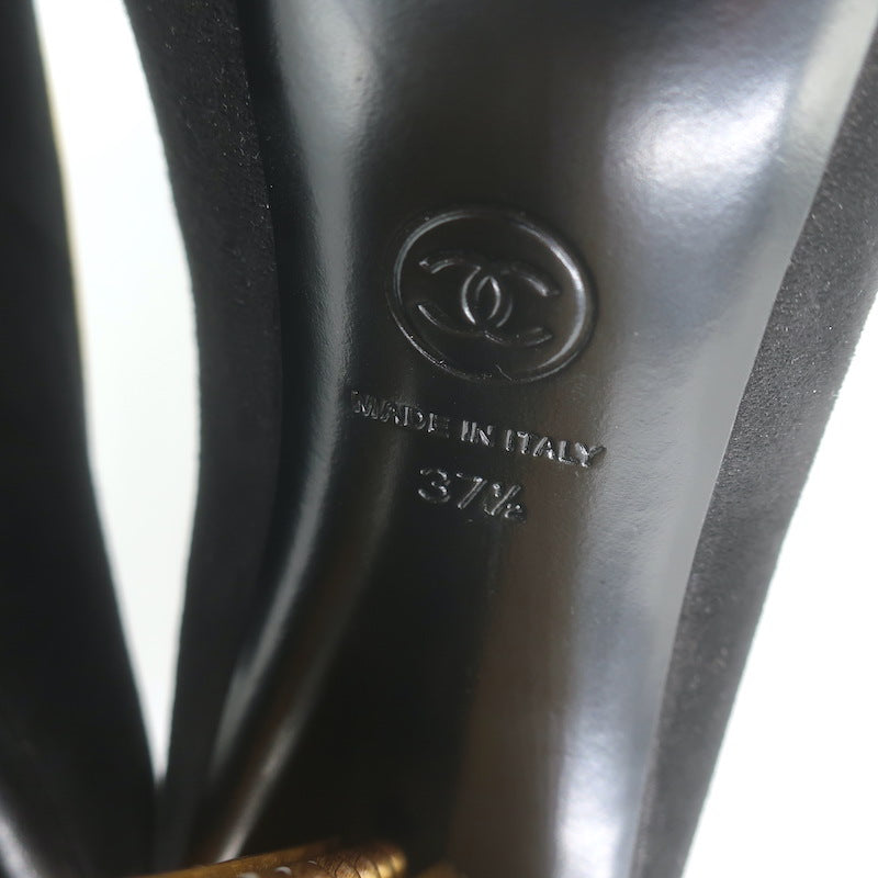 Chanel 13C Riveted-Platform Pumps Gold Leather-Trim Black Suede Size 37.5 US 6