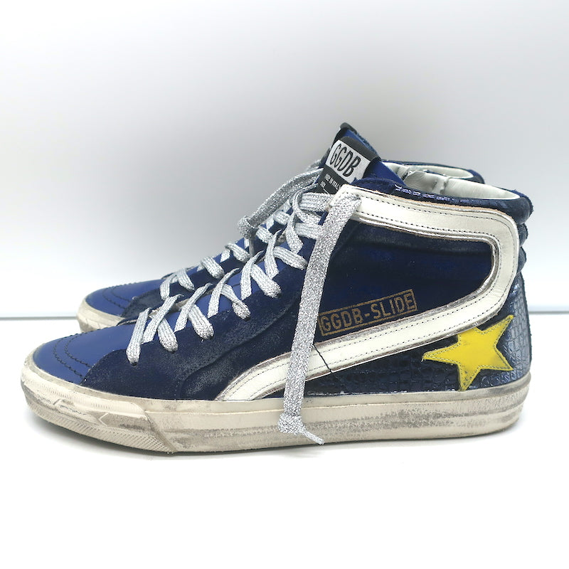 Golden Goose Slide High Top Sneakers Navy Suede &amp; Croc-Embossed Leather Size 38