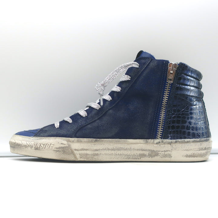 Golden Goose Slide High Top Sneakers Navy Suede &amp; Croc-Embossed Leather Size 38