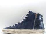 Golden Goose Slide High Top Sneakers Navy Suede & Croc-Embossed Leather Size 38