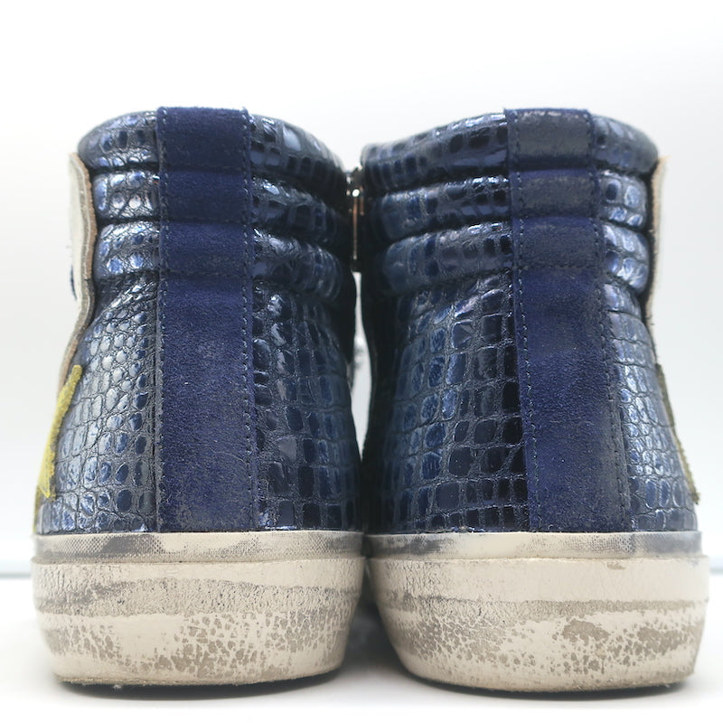 Golden Goose Slide High Top Sneakers Navy Suede &amp; Croc-Embossed Leather Size 38