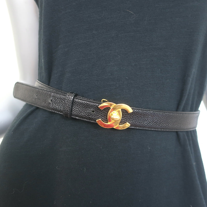 Vintage Chanel CC Turn Lock Belt Black Caviar Leather Size 75 US 30 Celebrity Owned Vintage Chanel CC Turn Lock Belt Black Caviar Leather Size 75 US 30 Celebrity Owned
