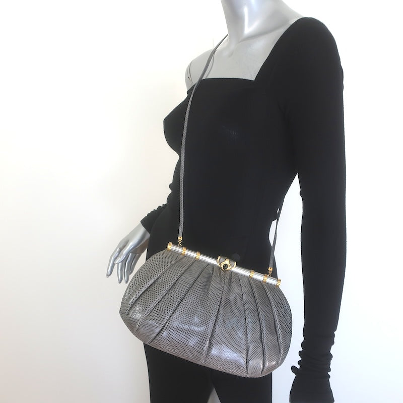 Vintage Judith Leiber Large Clutch Gray Pleated Karung Snakeskin Crossbody Bag