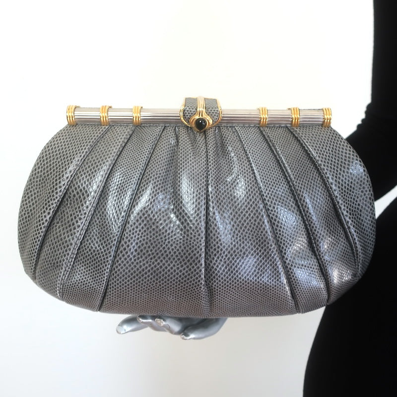 Vintage Judith Leiber Large Clutch Gray Pleated Karung Snakeskin Crossbody Bag