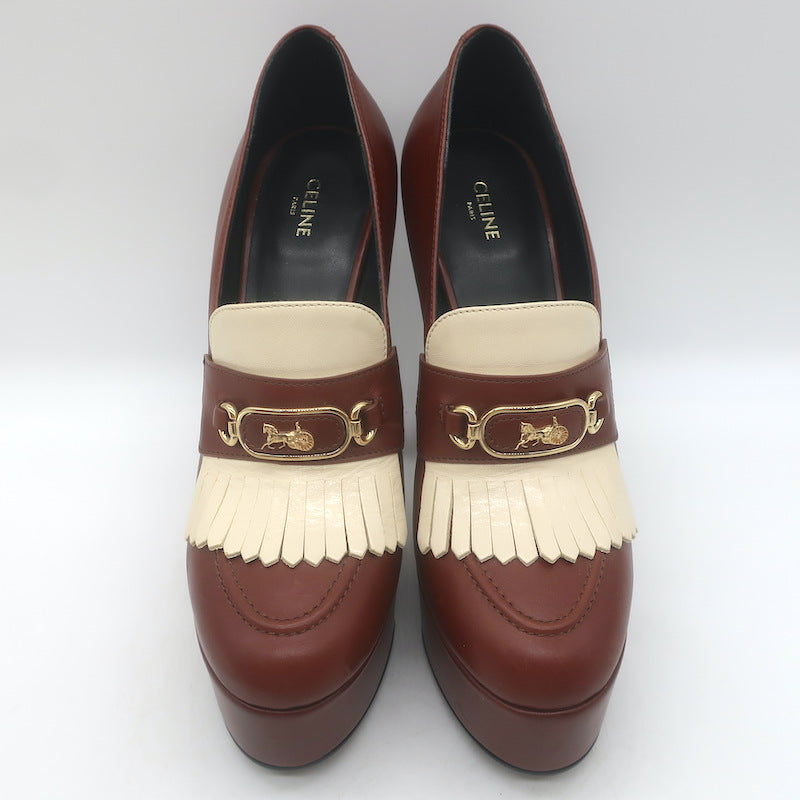 Ce­line Melody Platform Kiltie Loafer Pumps Brown Leather Size 36.5