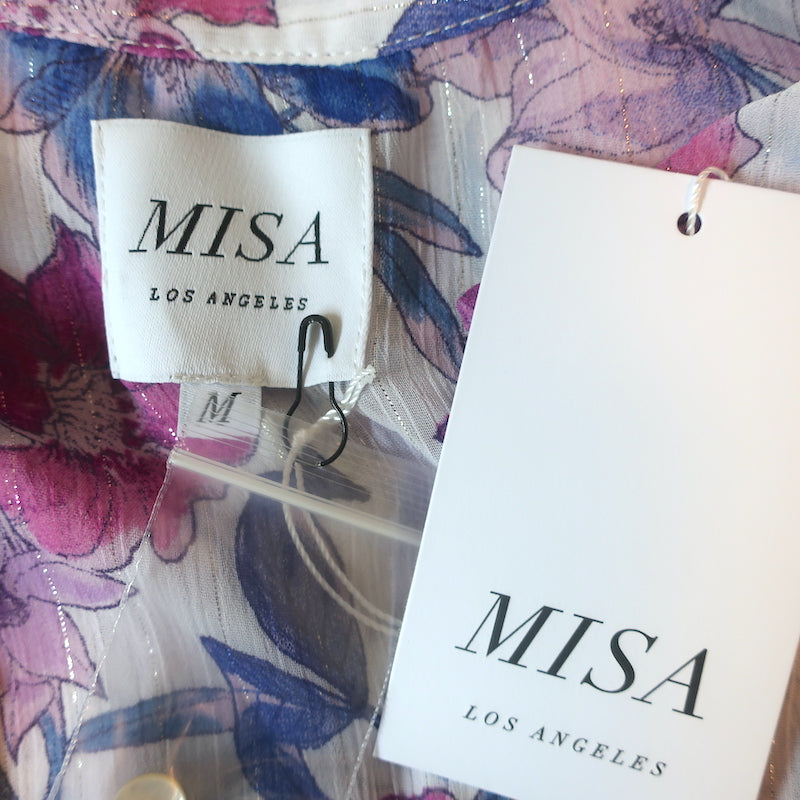 MISA Top Livia Metallic Floral Print Size Medium Ruffle Sleeve Blouse NEW