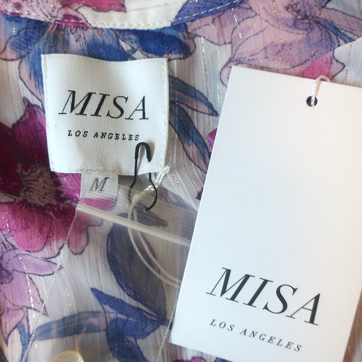 MISA Top Livia Metallic Floral Print Size Medium Ruffle Sleeve Blouse NEW