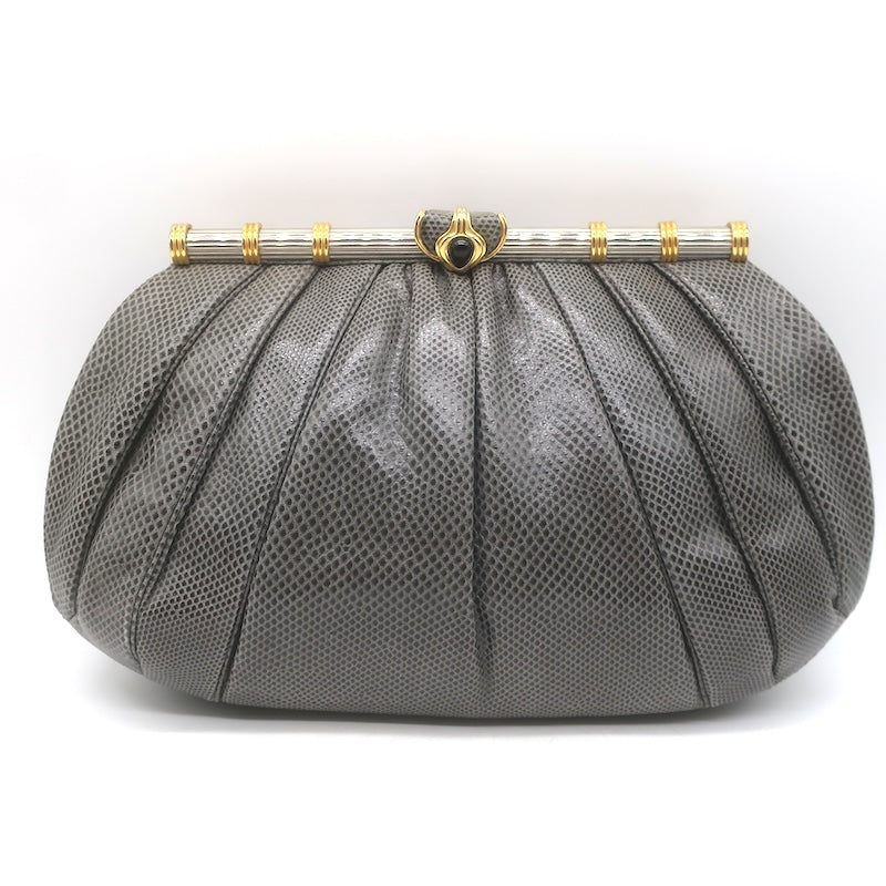 Vintage Judith Leiber Large Clutch Gray Pleated Karung Snakeskin Crossbody Bag