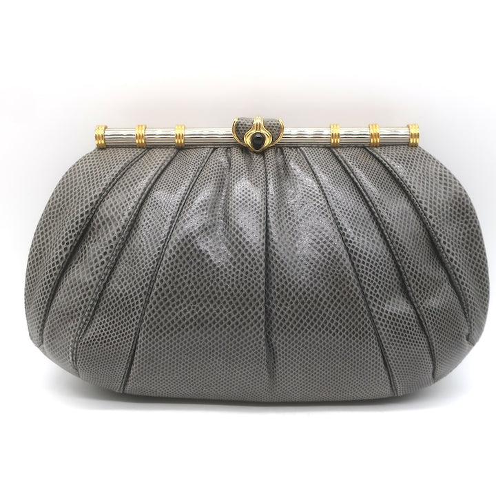 Vintage Judith Leiber Large Clutch Gray Pleated Karung Snakeskin Crossbody Bag