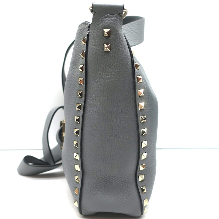 Valentino Rockstud Flip Lock Messenger Bag Gray Grained Leather
