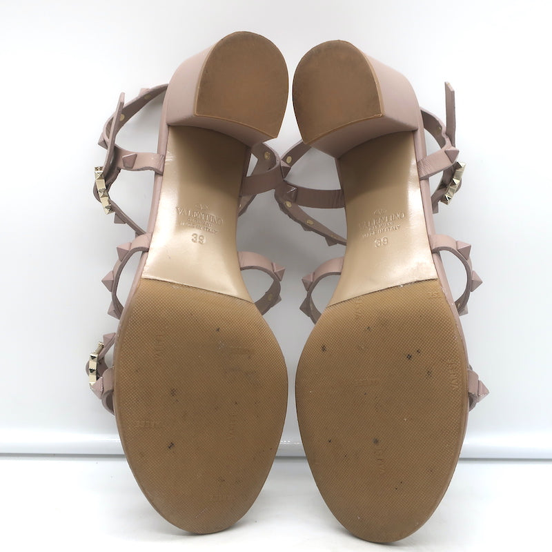 Valentino Rockstud Caged Sandals Poudre Leather Size 39 Ankle Strap Heels