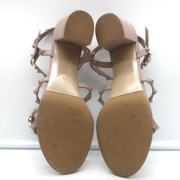 Valentino Rockstud Caged Sandals Poudre Leather Size 39 Ankle Strap Heels