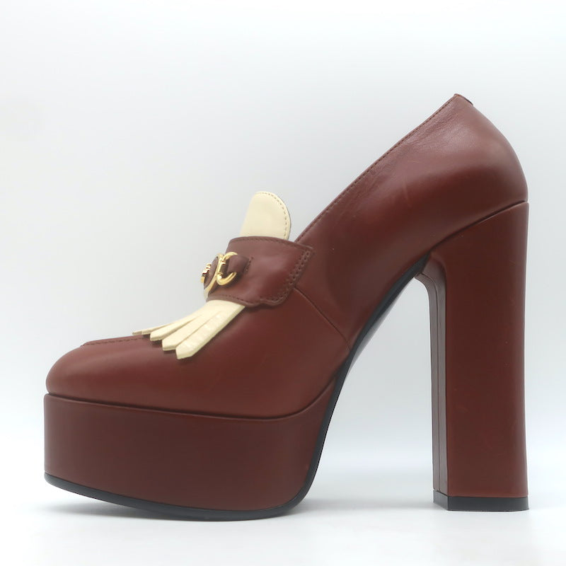 Ce­line Melody Platform Kiltie Loafer Pumps Brown Leather Size 36.5