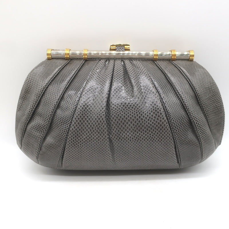 Vintage Judith Leiber Large Clutch Gray Pleated Karung Snakeskin Crossbody Bag