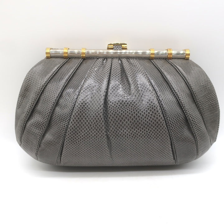 Vintage Judith Leiber Large Clutch Gray Pleated Karung Snakeskin Crossbody Bag