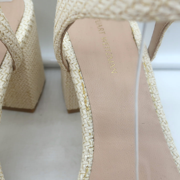 Stuart Weitzman Dancer Platform Sandals Cream Raffia Size 9 Ankle Strap Heels