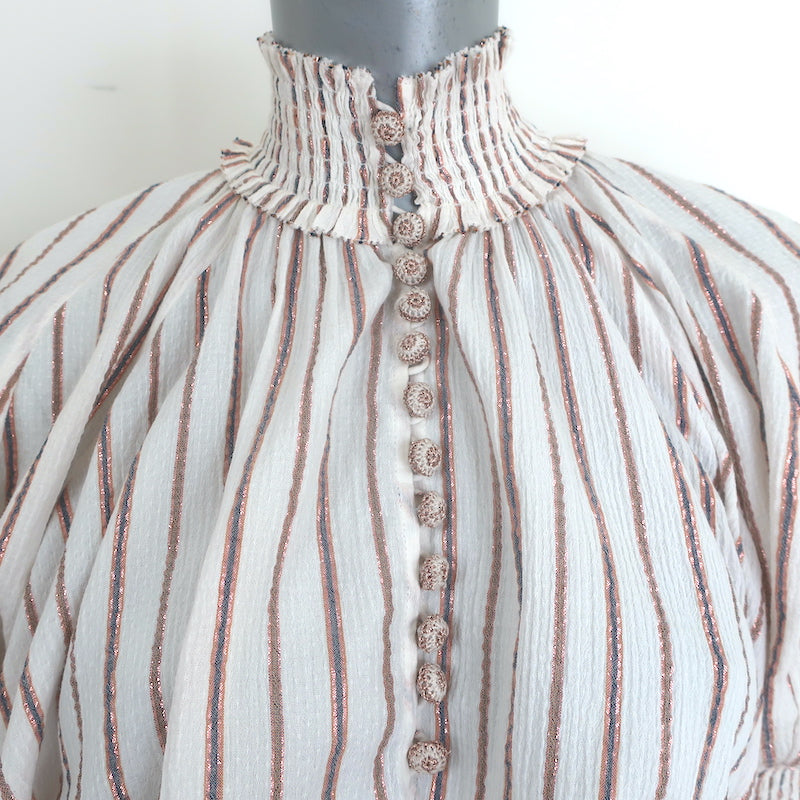 Zimmermann Devi Puff Sleeve Maxi Dress Ivory Metallic-Striped Cotton Size 0