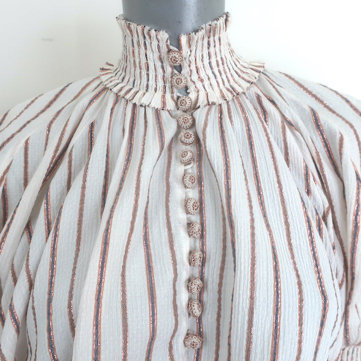 Zimmermann Devi Puff Sleeve Maxi Dress Ivory Metallic-Striped Cotton Size 0