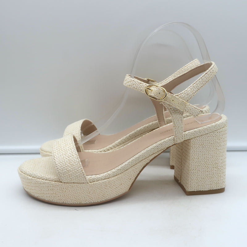 Stuart Weitzman Dancer Platform Sandals Cream Raffia Size 9 Ankle Strap Heels