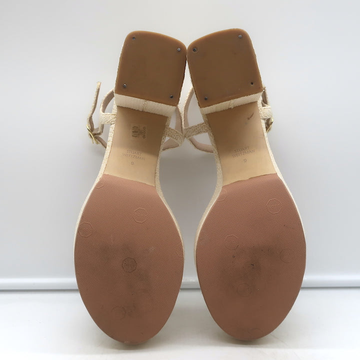 Stuart Weitzman Dancer Platform Sandals Cream Raffia Size 9 Ankle Strap Heels
