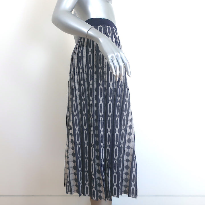 Tory Burch Pleated Knit Jacquard Midi Skirt Navy Link Print Size Extra Small
