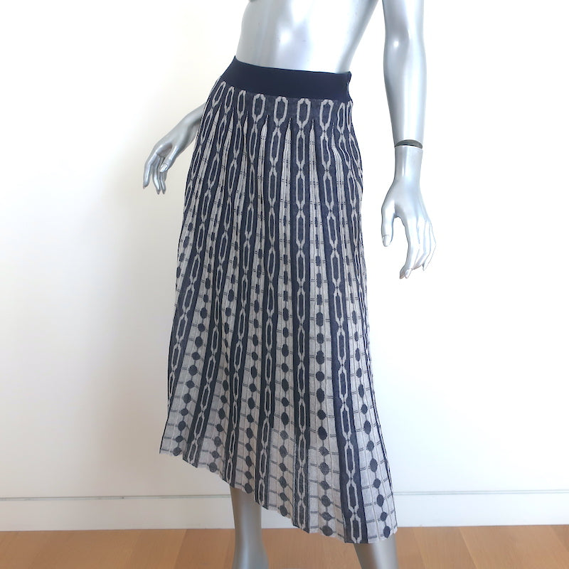 Tory Burch Pleated Knit Jacquard Midi Skirt Navy Link Print Size Extra Small