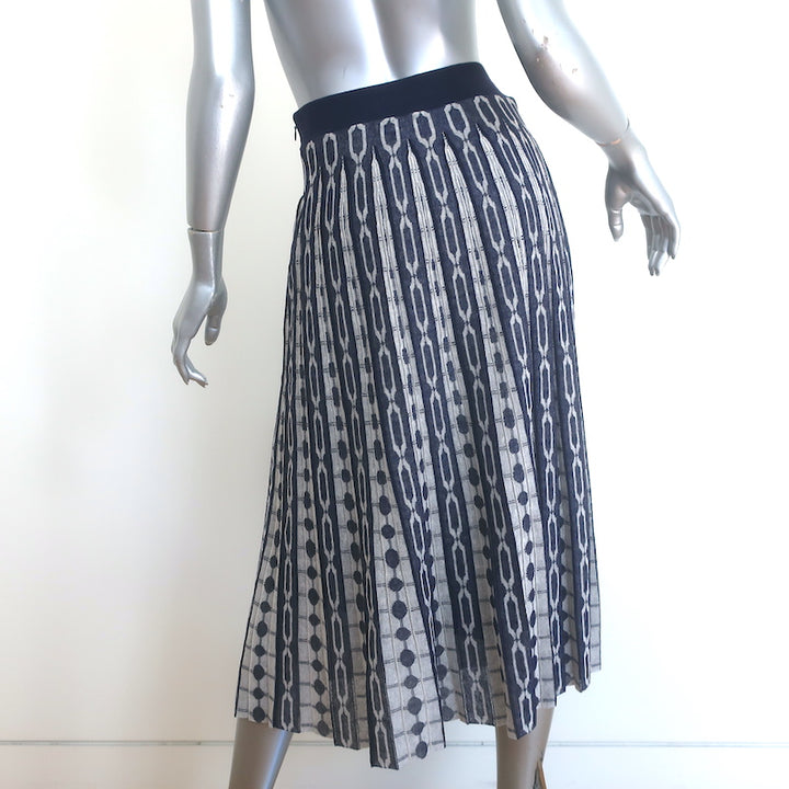 Tory Burch Pleated Knit Jacquard Midi Skirt Navy Link Print Size Extra Small