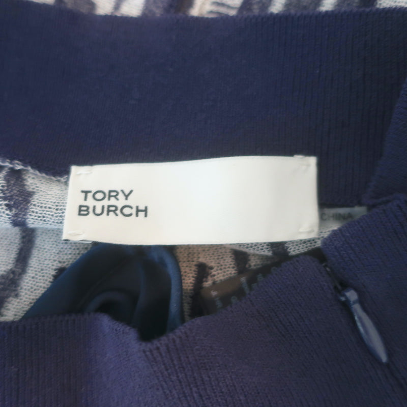 Tory Burch Pleated Knit Jacquard Midi Skirt Navy Link Print Size Extra Small