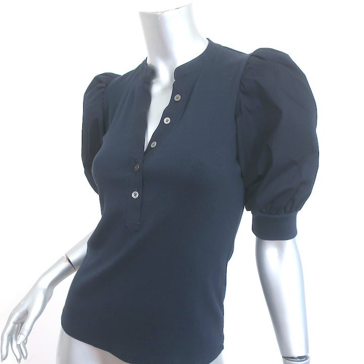 Veronica Beard Coralee Puff Sleeve Top Navy Stretch Cotton Size Extra Small