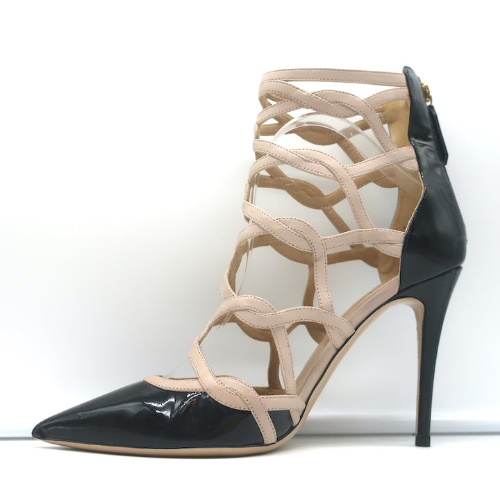 Valentino Cage Ankle Boots Black Patent &amp; Powder Leather Size 39.5