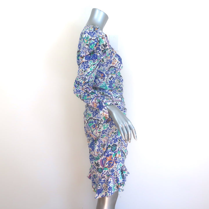 Isabel Marant Bireya Puff Sleeve Ruched Mini Dress Printed Stretch Silk Size 40