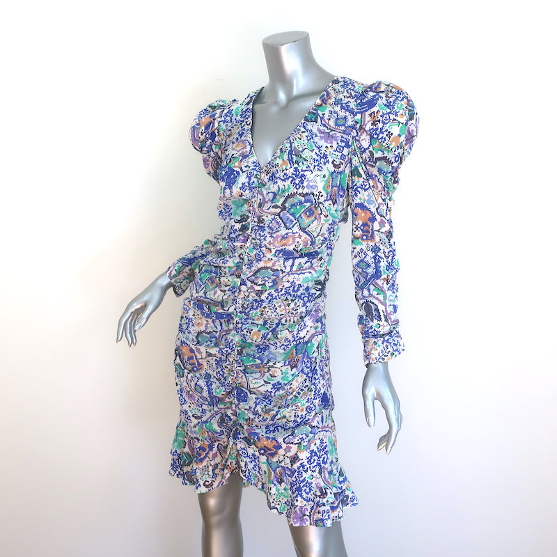 Isabel Marant Bireya Puff Sleeve Ruched Mini Dress Printed Stretch Silk Size 40
