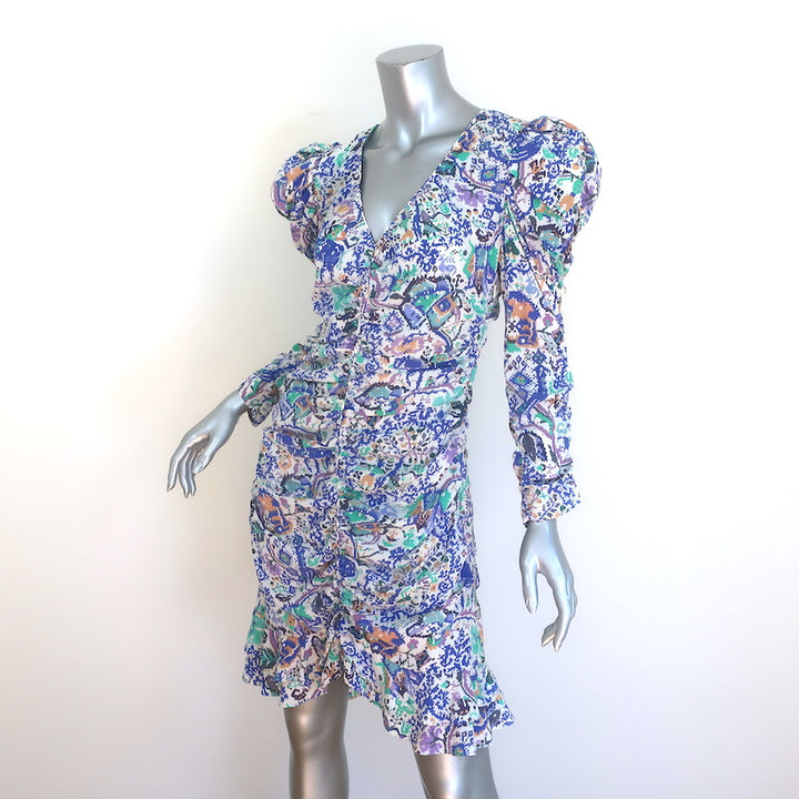 Isabel Marant Bireya Puff Sleeve Ruched Mini Dress Printed Stretch Silk Size 40