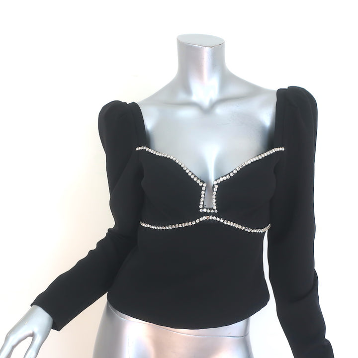 ASTR the Label Anabelle Crystal-Trimmed Puff Sleeve Top Black Crepe Size Small