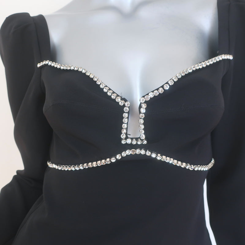 ASTR the Label Anabelle Crystal-Trimmed Puff Sleeve Top Black Crepe Size Small