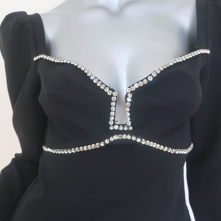 ASTR the Label Anabelle Crystal-Trimmed Puff Sleeve Top Black Crepe Size Small