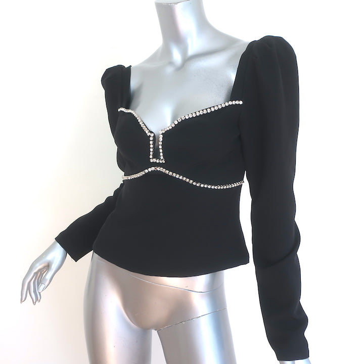 ASTR the Label Anabelle Crystal-Trimmed Puff Sleeve Top Black Crepe Size Small