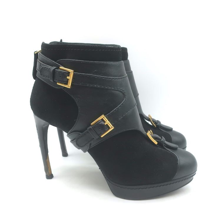 Alexander McQueen Buckled Harness Booties Black Suede &amp; Leather Size 37.5