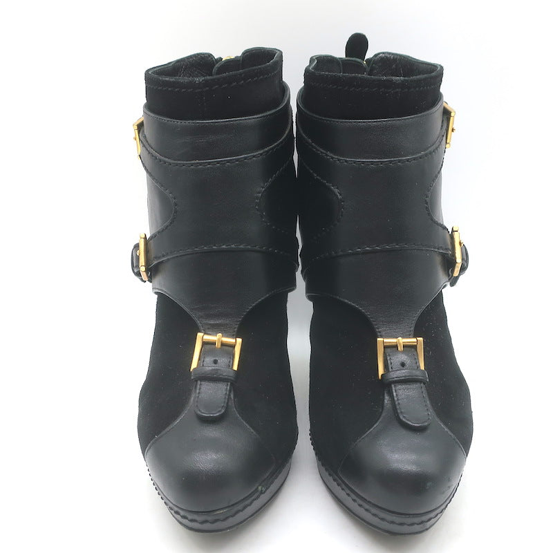 Alexander McQueen Buckled Harness Booties Black Suede &amp; Leather Size 37.5