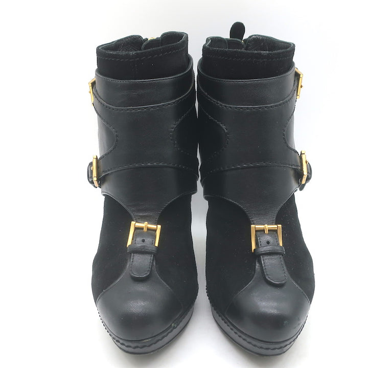 Alexander McQueen Buckled Harness Booties Black Suede &amp; Leather Size 37.5