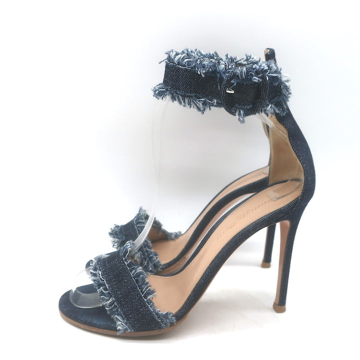 Gianvito Rossi Lola Frayed Denim Ankle Strap Sandals Indigo Size 36