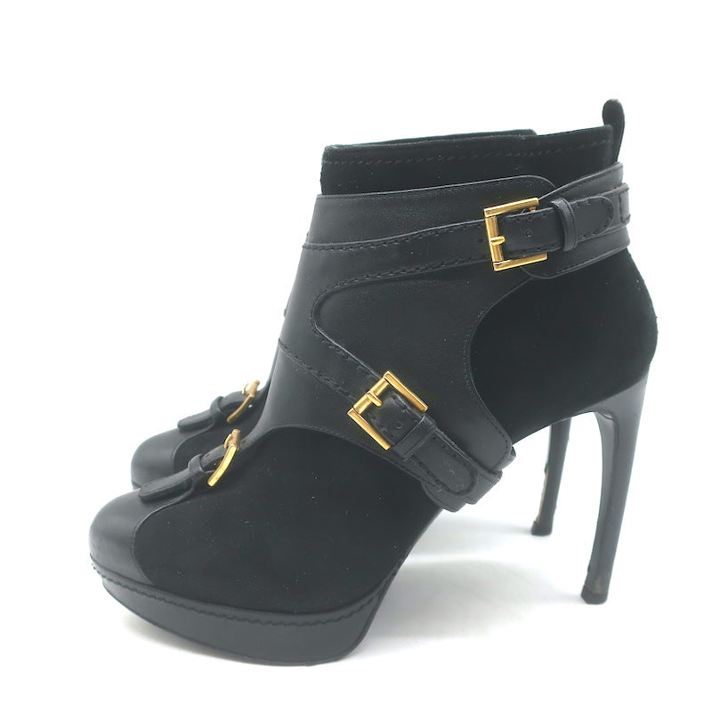 Alexander McQueen Buckled Harness Booties Black Suede &amp; Leather Size 37.5