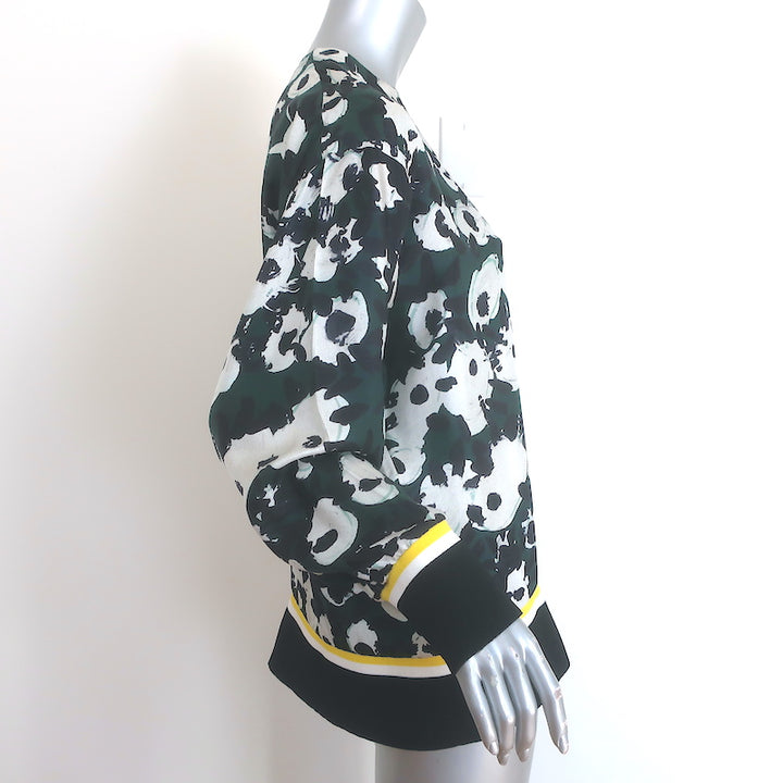 Marni Blouse Dark Green Abstract Floral Print Silk Twill Size 40 Long Sleeve Top