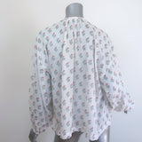 Doen button-up blouse, white block-print cotton long sleeve, size small — pre-loved authentic designer piece